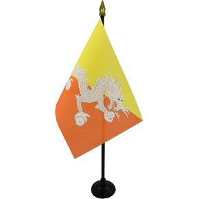 Bhutan Table Flag 4'' x 6'' - Bhutanese Desk Flag 15 x 10 cm - golden spear top- AZ FLAG