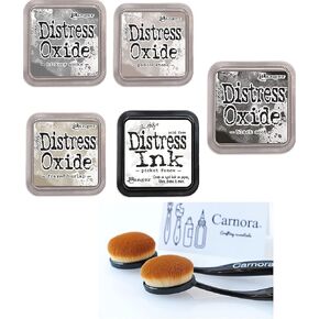 Tim Holtz Ranger Distress Oxide Ink, 4 Blacks & Grays, Hickory Smoke, Pumice Stone, Black Soot, Frayed Burlap + Picket Fence White Distress Ink, 5 Inks Total, 2 Carnora Ink Blending Brushes, 7 Items