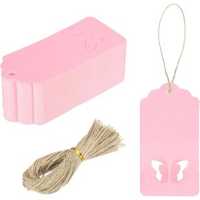 MECCANIXITY 200Pcs Kraft Paper Gift Tags with String, 3.5 x 1.6 Inch Blank Hanging Labels Wave Shape Paper Labels Pink Gift Tags for Price Tags, Christmas, DIY Crafts