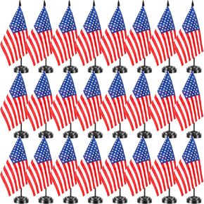 24 Pcs American Desk Flag Set Small USA Flags for Table with 13" Black Pole, Black Base and Spear Top, American Flag for Home Office Party Festival Celebrations Decor