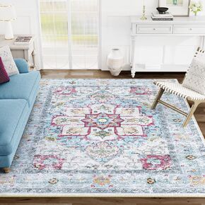 Eleisa 8x10 Area Rugs for Living Room, Cream & Multi, Machine Washable Low Pile Area Rug, Stain Resistant Vintage Home Decor Carpet for Bedroom, Dining Room, Home Office
