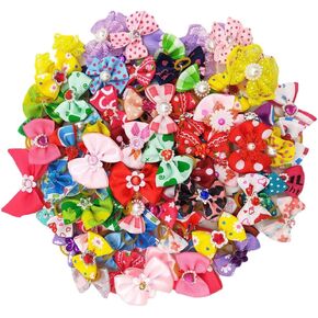 GSHLLO 20 Pcs Cute Dog Hair Bows Puppy Rubber Hair Bands Colorful Cat Hair Ties Small Rhinestone Ponytail Holders Faux Pearl Hair Ropes Pet Hair Accessories
