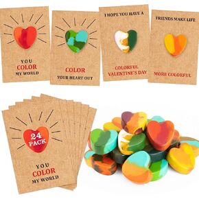 Valentines Day Gifts for Kids - 24 Pack Valentines Cards with Heart Shaped Crayons - Valentine Gift Exchange for Boys Girls Toddlers Class Classroom School Party Favors
