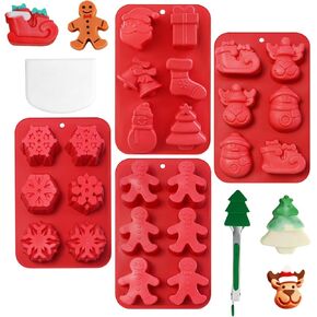 6PCS Winter Snow Silicone Molds BPA Free Valentine's Day Silicone Soap Molds Cake Puck Mold Set for Handmade Soaps, Candles, Chocolates – Includes 4 Molds, 1 Kitchen Tong & 1 Scraper