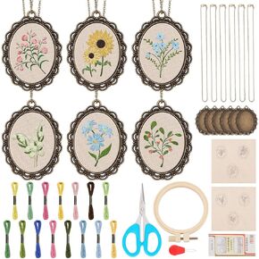 ACRNIGHEET 6PCS Flower Embroidery Necklace DIY Mini Embroidery Kit Cross Stitch Necklace Pendant Embroidery Kit for Beginners Sewing Jewelry Embroidery Hoops and Necklace Chains Creative Gifts