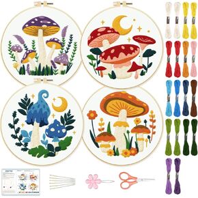 BEUNITONE 4 Set Mushroom Embroidery kit for Beginners Adults Cross Stitch Needlepoint Kits for DIY Art Craft Handy Sewing Set Needle Punch Kits for Starter Adults with Instruction for Gifts 7.9 inch