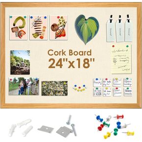 SHANTRA 24 x 18 Inch Bulletin Board with Beige Fabric, Wood Framed Canvas Cork Board, Corkboard for Walls with 10 Pins, Decorative Vision Board, Wall Mounted Notice Board for Home, Office, School
