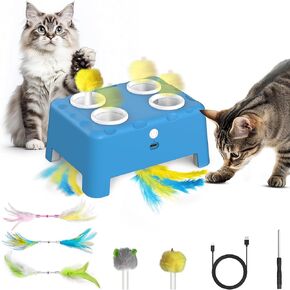 Cat Toys, 2 in1 Automatic Interactive Cat Toys for Indoor Cats, 4 Holes Mice Whack a Mole Cat Mouse Toy with Moving Feather, Rechargeable USB Power Kitten Feather Toys for All Breeds (Green)