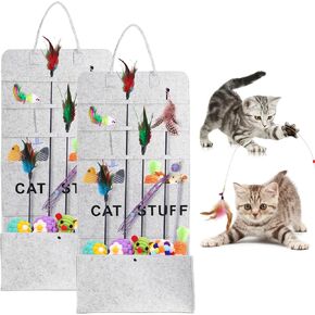 2 Pack Cat Wand Toy Storage Bag, Hanging Cat Teaser Holder for Neatly Organization, Durable Feather Pet Toy Organizer Bag with Handle for Indoor Cat, Pet Supplies, Feline Safety