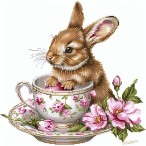 Generic Cute Rabbit in Easter Teacup DIY 11CT Stamped Cross Stitch Kits for Beginners Easy Needlepoint Embroidery Counted Cross Stitch Art Craft for Wall Decoration 14x14inch(2)