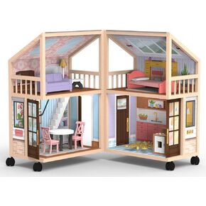 So Darling Wooden Dollhouse on Wheels, Open & Close with 29 Accessories