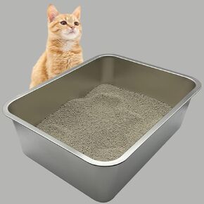 Stainless Steel Litter Box, 17.7" X 13.8" X 5.9" Metal Kitten Litter Box Indoor Litter Tray Toilet Non Stick Splash-Proof No Smell Easy to Clean