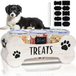 WGFKVAS Dog Treat Container Included 3 Airtight Jars with 1000ML, Dog Food Storage Container Wooden Pet Food Organizer Gift for Pet Cat Owners