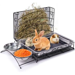 3 In1 Rabbit Hay Feeder with Litter Box Bunny Feeder Metal No Mess Hay Feeder for Rabbit with Water Feeder Bowls for Guinea Pig Rabbit Chinchillas Small Animal