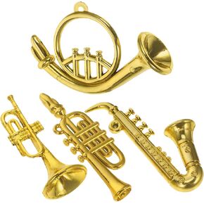 Gadpiparty 4Pcs Pieces Plastic Dollhouse Musical Instrument Trumpet Saxophone Miniature Dollhouse Model Set for Christmas Hanging Decor Party Favor, Gold