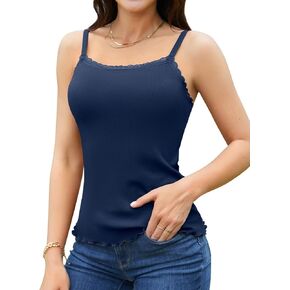V FOR CITY Lace Camisole for Women with Built-in Bra Adjustable Spaghetti Strap Camis Tanks Lettuce Hem Ribbed Undershirt