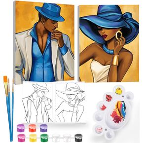 2Pcs Paint and Sip Kit for Adults,Pre Drawn Canvas to Paint for Flower Butterfly Date Night for Couples DIY Acrylic Painting Kits 8×10 (Blue Hat)
