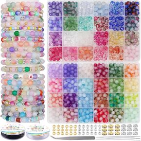 LET’S Beading Glass Beads Gradient & Solid Color Crystal Beads Jade Style Beads with Spacers Beads Elastic Strings for Bracelet Necklace Earring Jewelry Making DIY Crafts (8mm/48 Colors)