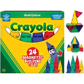 CreateOn Crayola Bold Magnetic Tiles, Building Set for Kids, Magnetic Tiles, Magnetic Kids’ Building Toys, STEM Toys for Boys and Girls Ages 3+, 24-Piece Set (Bold)
