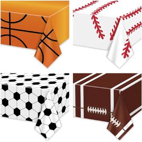 4 Pcs Sports Themed Party Tablecloths, Soccer Baseball Basketball Football Table Covers for Sports Themed Party Decorations Boys Birthday Party Supplies, 51 x 86 inches