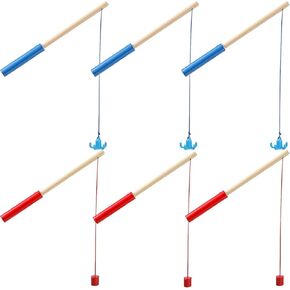 Sumind 6 Pcs Magnetic Fishing Pole Wooden Magnetic Fishing Rods with Magnet Hooks Christmas Game Toy Gifts for Birthday Party(Red, Blue,Column, Hook)