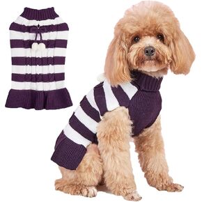 Jecikelon Striped Dog Sweater Dress Knit Turtleneck Puppy Clothes Winter Warm Pet Knitwear Dresses for Small Dogs Cats Pullover Outfits with Pom Pom Ball (Medium, Purple)