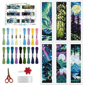 BEUNITONE 6 Pcs Landscape Bookmark Cross Stitch Kits for Adults Beginner Scenery Cross Stitch Bookmark Kit Aurora Needlepoint Bookmark Kit Stamped DIY Embroidery Kit with Instructions 2.4x8 in