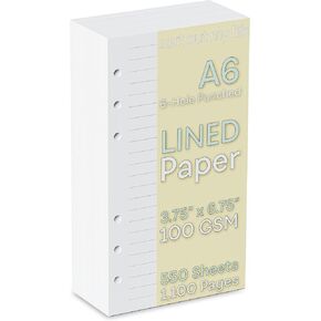 A6 Lined Paper 6-Hole Punched, 550 Sheets (1,100 Pages), 100 GSM, Binder Refill Inserts, 3.75 x 6.75 Inch Inserts