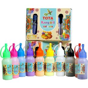 Tota Rangoli Color Powder Bottles Kolam Rangoli Powder for Floor Rangoli ، الفن ، ديكور المنزل ، مجموعة من 10 ألوان Rangoli في زجاجات الضغط البلاستيكية - 800 جم ، متعدد الألوان ،