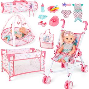 deAO 12 Inch Baby Doll Stroller Play Set,14 PCS Baby Doll Accessories with Foldable Doll Stroller,Crib,Play Mat,Doll Clothes and Travel Bag,Pretend Play Baby Care Toy Gift for 3 4 5 Girls