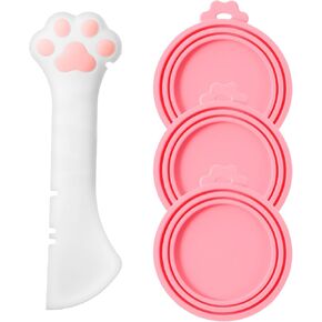 3Pcs Cat Food Lid Covers and Cat Food Spatula, Paw Shape Cat Can Opener, Silicone Cat Spoons for Wet Food, Cute Cat Can Opener, Pink Pet Food Can Lids For Cats and Dogs Food Cans