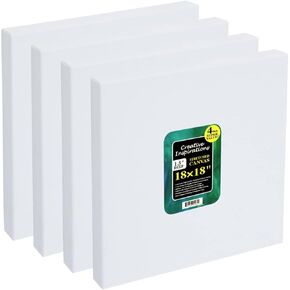 Creative Inspirations Stretched Canvas 4 Pack - 1-1/2" Deep, 18x18", 11oz Sealed & Double-Primed Cotton Canvases, Pine Stretcher Frame, Archival All-Media Primer - Alkyd, Acrylic & Oil Painting