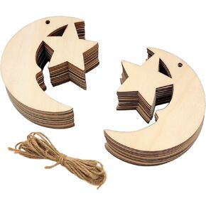 32 Pack Wooden Moon and Star Cutouts Glitter Crescent Moon & Star Cutout Crafts Small Wooden Moon Star Hanging Ornaments Gift Tags for Home Party Decoration Craft Project
