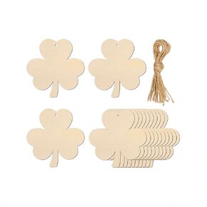 20pcs Shamrock Wood Cutouts DIY Craft Embellishments Clover Unfinished Wood Tags Ornaments for St. Patrick's Irish Party Decoration