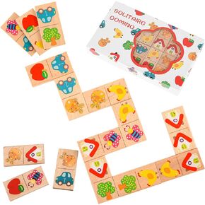 Busaurus- 28 Pcs Standard Edition Wooden Domino Puzzle Game - Multicolor Fruit & Animal Design, Educational Family Logic and Thinking Skill Development Toy, Kids Dominoes Set, Gift for Age 3+