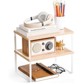 iHomecooker Wooden Display Riser Stand ، منظم رف الخزانة ، مجموعتان مخزنان منظم خزانة المطبخ (Natural + White ، 11.8'l x 7.87'w)