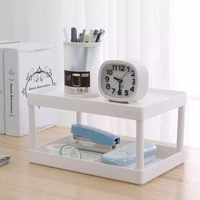 Desktop Storage Rack Organizer, Cosmetic Stationery Storage Holder Double-Layer Table Sundries Display Shelf for Bathroom Office Dorm White