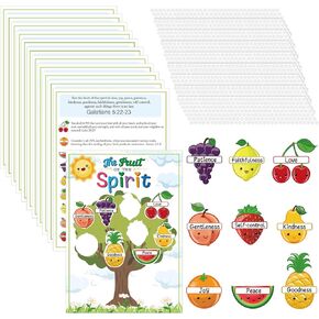 24 Sets Fruit of The Spirit Game Craft for Kids 24 Bible Verse Tree Cards 24 Fruit Cutouts with 220 Adhesive dots for Religious Homeschool Game Sunday School Educational Activity