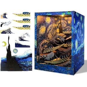 DIY Book Nook Kit for Adults - Booknook Miniature Wave and Starry Sky House with LED, 3D Puzzle Dollhouse Bookend for Bookshelf Insert Decoration,Ideal for Family, Friends in Christmas Halloween