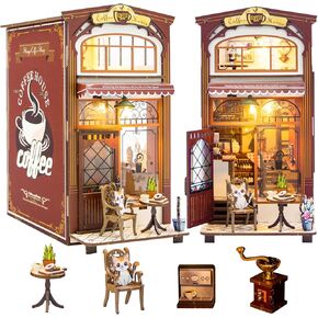 Fistone Book Nook Kit for Adults - DIY Dollhouse Booknook, 3D Wooden Puzzle Book Nook Miniature Kit with LED Light, Perfect for Bookshelf Decoration & Crafts for Adults Teen, Cafe Shop