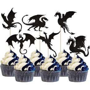 24 Pack Dragon Cupcake Toppers Glitter Fantasy Birthday Cupcake تختار لطيور التنين الطيران موضوع استحمام الأطفال أطفال عيد ميلاد ديكورات الكعكة اللوازم الأسود