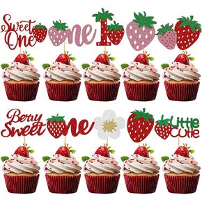 60Pcs Sweet One Cupcake Toppers,Glitter First Birthday Strawberry Cupcake Toppers Berry Sweet 1st Birthday Strawberry Cupcake Picks for Baby Shower 1st Birthday Cake Decorations