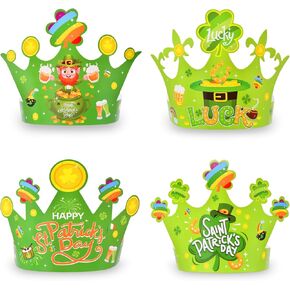 12 Pcs St. Patrick's Day Paper Crowns Bulk Party Favors - 4 Designs Green Lucky Leprechaun Hats, Rainbow & Shamrock Headwear, Holiday Party Supplies, Fun Irish Accessories for Kids & Adults