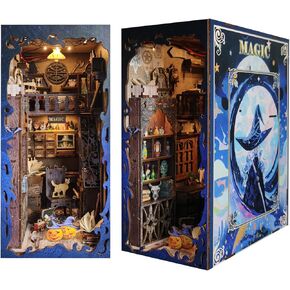 Book Nook Kit for Adults, 3D Wooden Puzzle DIY Miniature House Kit for Bookshelf Insert Decoration, DIY Dollhouse Bookend Tiny House for led (Shadow Moon Magic)