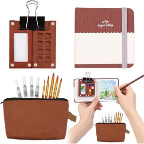 13 Pcs Mini Portable Watercolor Palette Set, Pocket Artist Watercolor Travel Set, Palette Travel Kit with Binder Clip and Watercolor Sketchbook & Storage Bag for Painters Artists Students