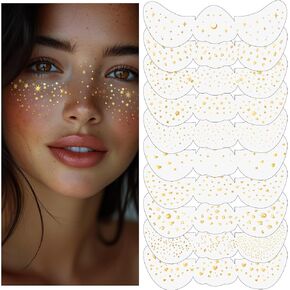10 Styles Face Glitter Freckles Makeup, Glow Up Speckles Metallic Gold Patches Waterproof Shiny Foil Flash Natural Lifelike Freckle for Singer Concerts Festival Rave Party Christmas New Year