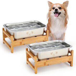2 Pack Bamboo Elevated Dog Bowl Stand with Stainless Steel Water Bowl Anti-Slip Raised Bowl Stand High Capacity Water Food Bowl for Small Medium Large Dog Indoor Outdoor(1.25 Gallons)