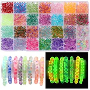 Glow in The Dark Glass Beads for Bracelet Making, 850pcs 6mm 26 Color Crystal Gem Beads Round with Luminous Numbers&Letters Craft Beads for Bracelets Necklaces Earring Making Kit Party Decor