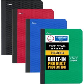 Five Star Composition Books + Study App, 4 Pack, College Ruled Paper, 9-3/4" x 7-1/2", 80 Sheets, Anti-Microbial, Black, Red, Green and Blue (850070A-ECM)