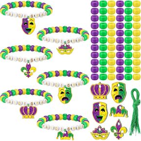 Ecally 36 Sets Mardi Gras Beaded Bracelet Craft Kit Carnival DIY Bead Craft Gold Green Purple Mask Fleur De Lis Pendant Bracelet for Masquerade Parades Gifts Jewelry Making Party Favors